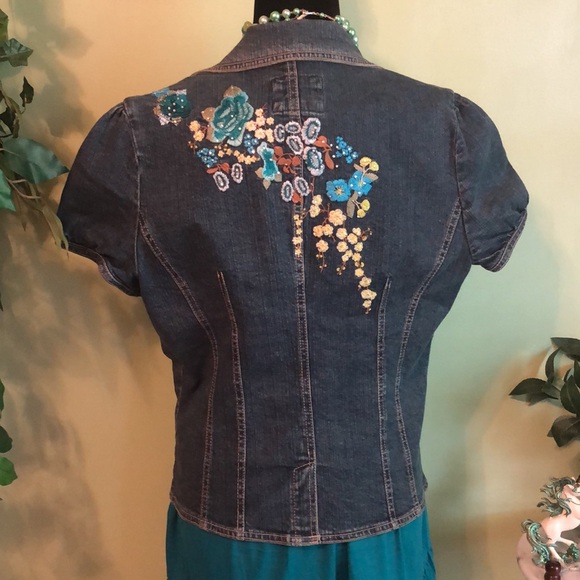 Vintage Live a Little Floral Embroidered Denim Jacket Size M - Picture 10 of 15
